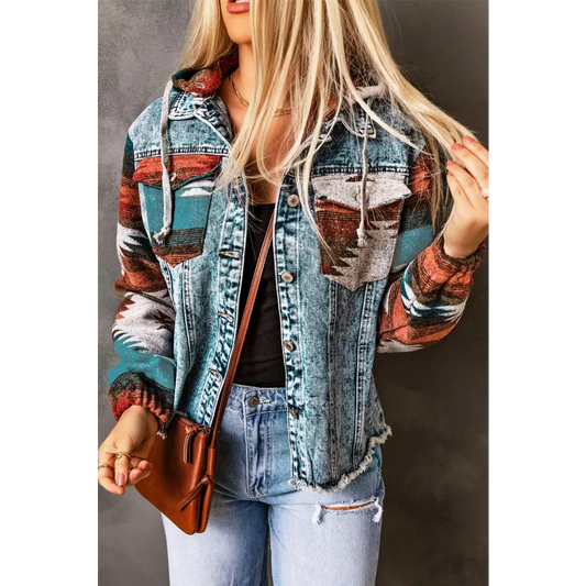 Multicolor Geometric Print Frayed Hem Denim Jacket - CM Fashion