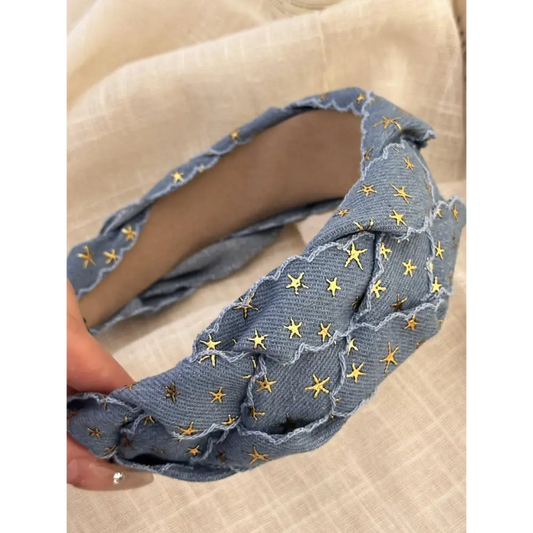 Star Braided Wide Denim Headband - CM Fashion