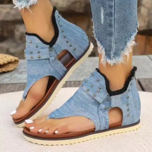 Denim Studded Raw Hem Flat Sandals