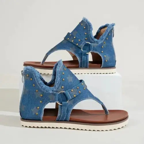 Denim Studded Raw Hem Flat Sandals