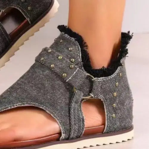 Denim Studded Raw Hem Flat Sandals