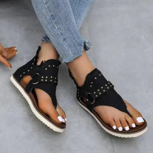 Denim Studded Raw Hem Flat Sandals