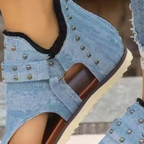 Denim Studded Raw Hem Flat Sandals