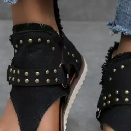 Denim Studded Raw Hem Flat Sandals