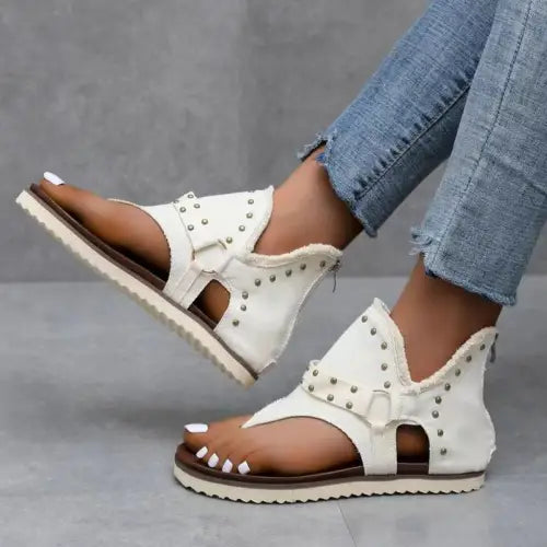 Denim Studded Raw Hem Flat Sandals