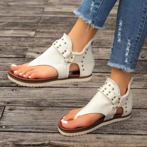 Denim Studded Raw Hem Flat Sandals