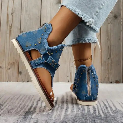 Denim Studded Raw Hem Flat Sandals