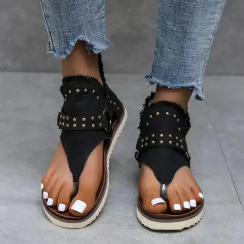 Denim Studded Raw Hem Flat Sandals