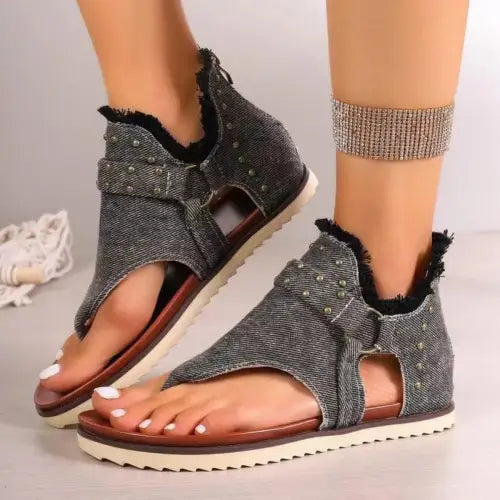 Denim Studded Raw Hem Flat Sandals