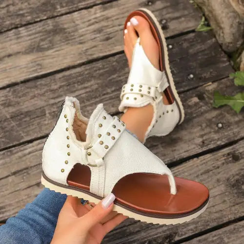 Denim Studded Raw Hem Flat Sandals