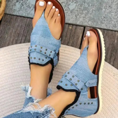 Denim Studded Raw Hem Flat Sandals