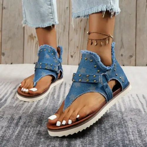 Denim Studded Raw Hem Flat Sandals