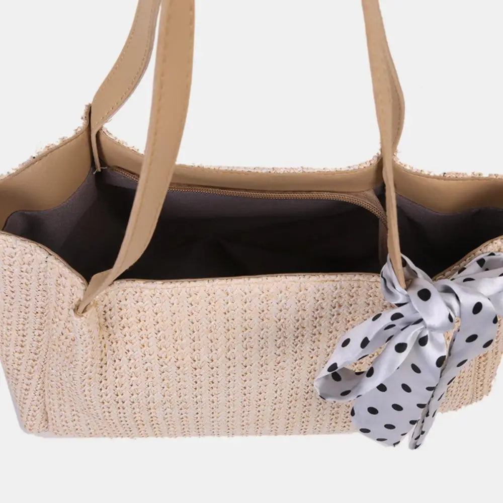 Chic Straw Woven Leather Strap Handbag with Polka Dot Charm