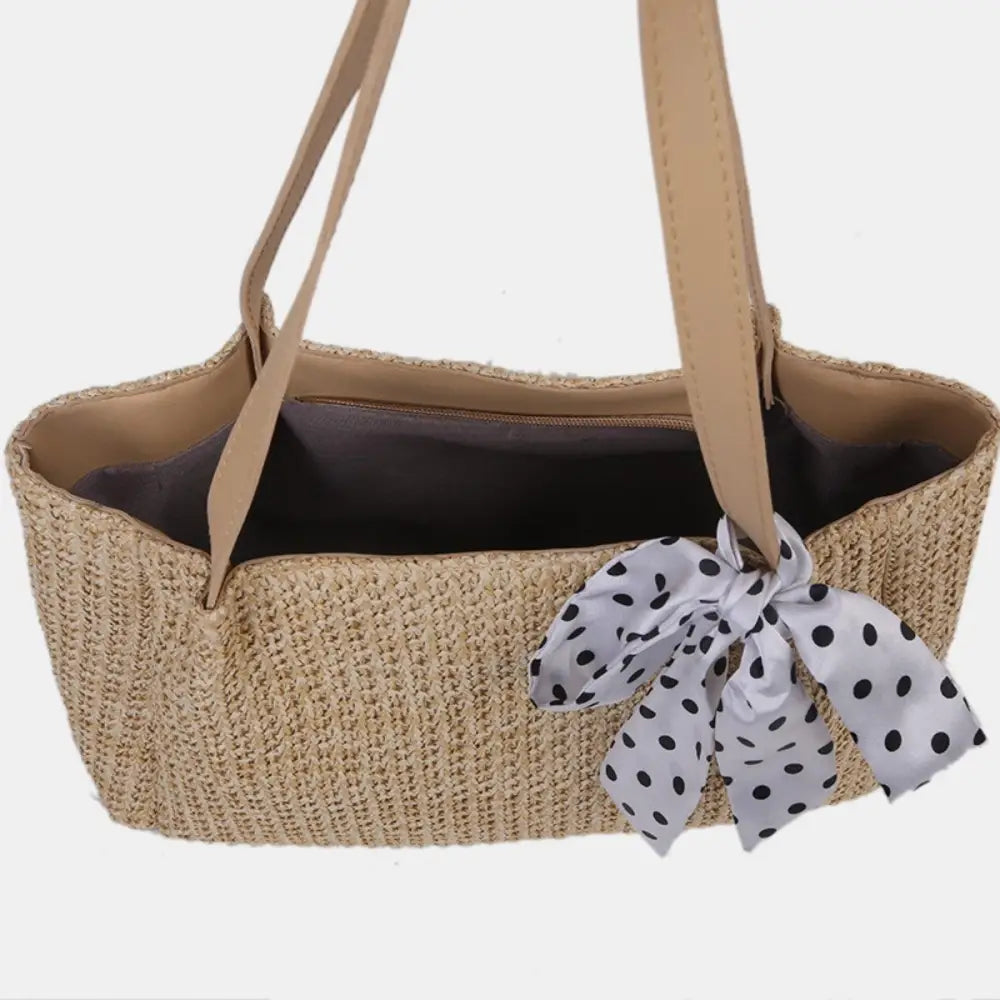 Chic Straw Woven Leather Strap Handbag with Polka Dot Charm