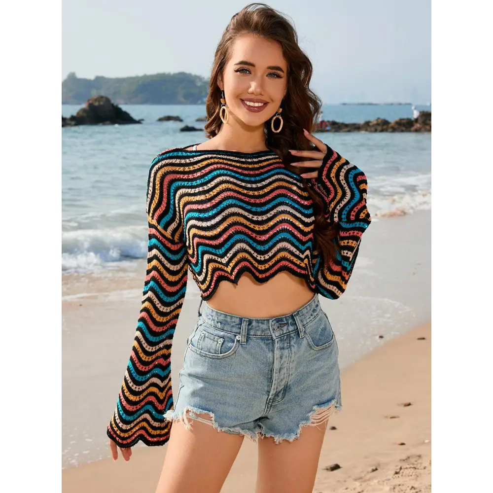 Vibrant Striped Boat Neck Long Sleeve Cover Up for Beach Fun