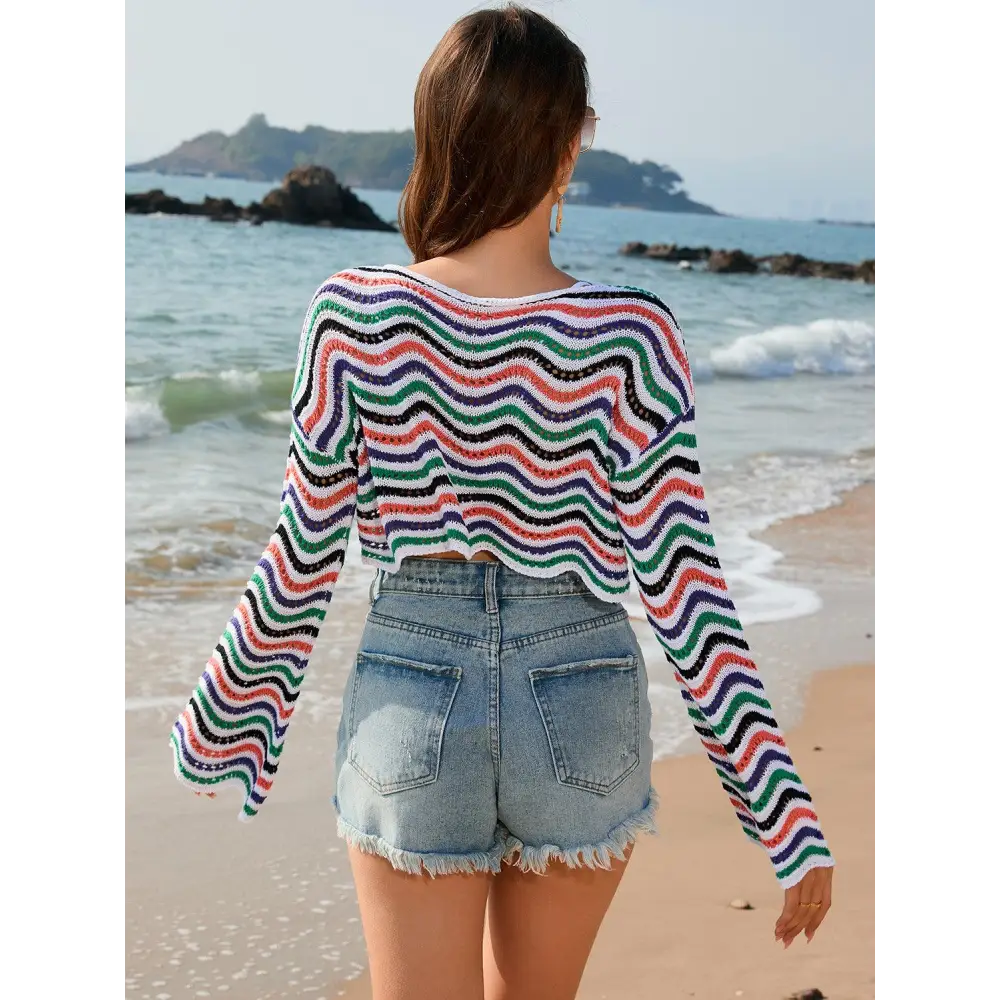 Vibrant Striped Boat Neck Long Sleeve Cover Up for Beach Fun