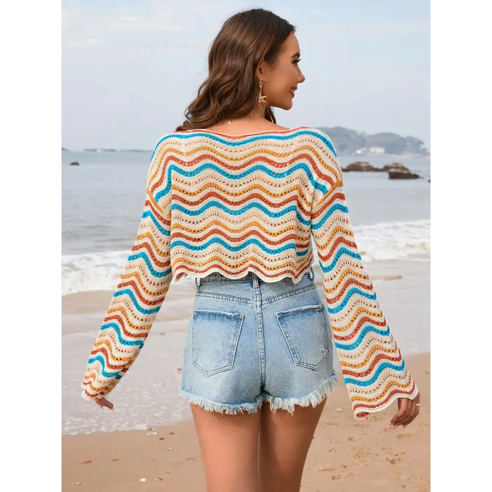 Vibrant Striped Boat Neck Long Sleeve Cover Up for Beach Fun