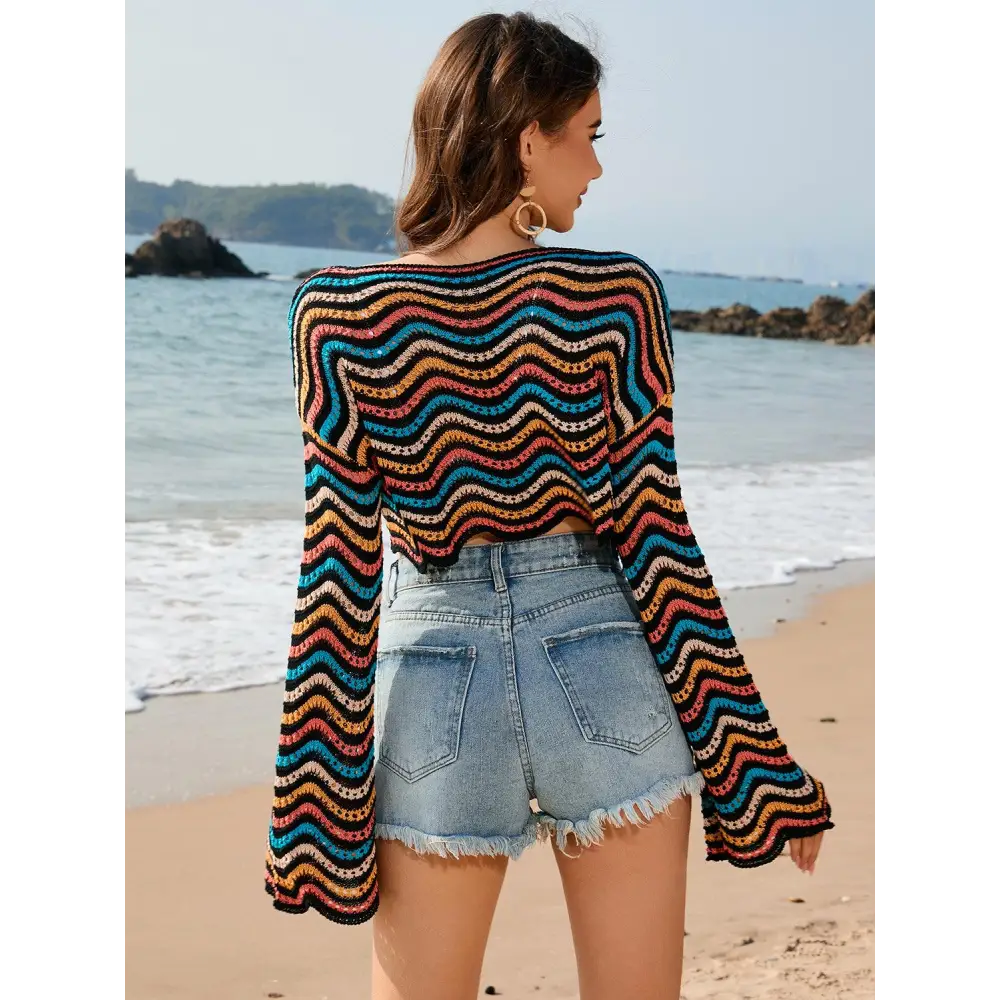 Vibrant Striped Boat Neck Long Sleeve Cover Up for Beach Fun