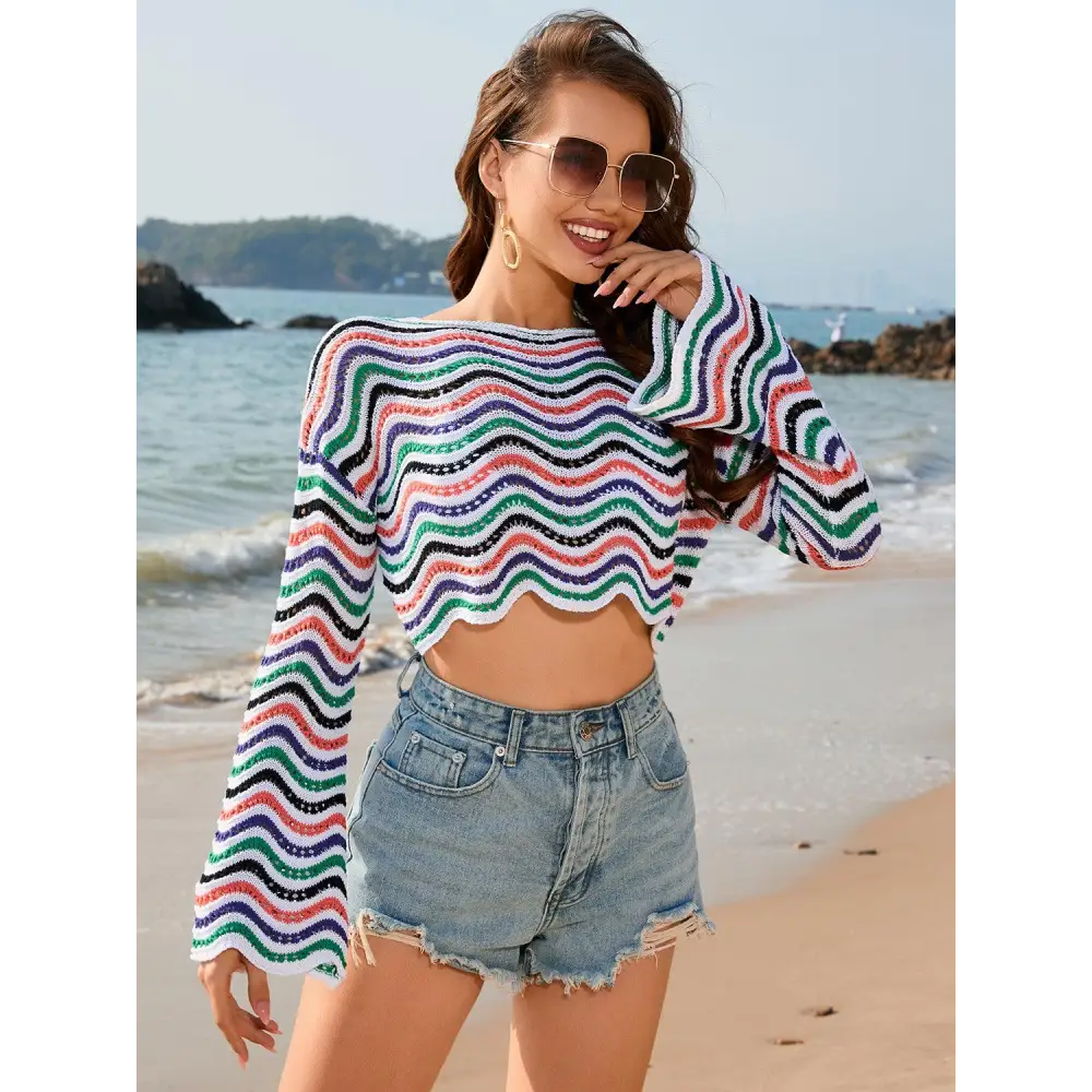 Vibrant Striped Boat Neck Long Sleeve Cover Up for Beach Fun