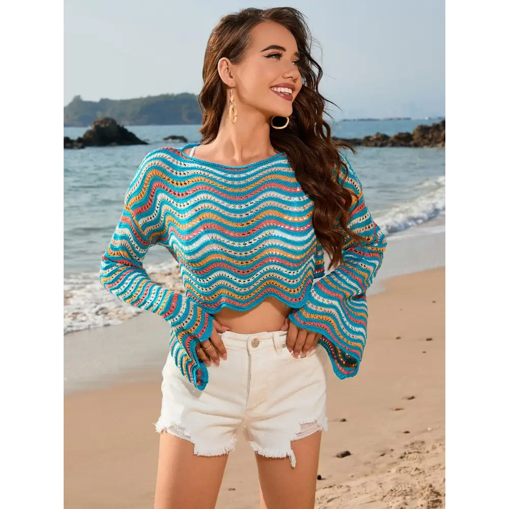 Vibrant Striped Boat Neck Long Sleeve Cover Up for Beach Fun