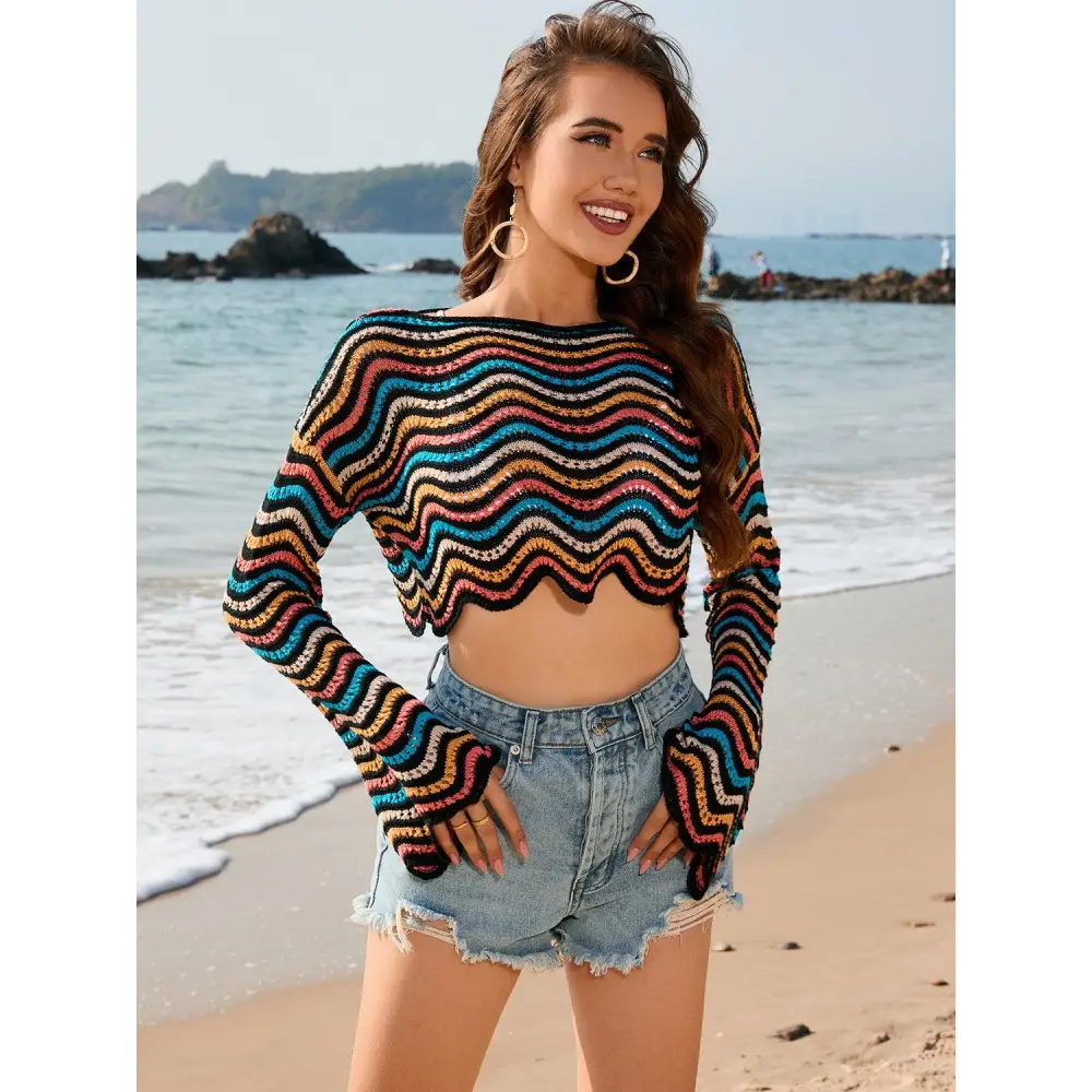 Vibrant Striped Boat Neck Long Sleeve Cover Up for Beach Fun