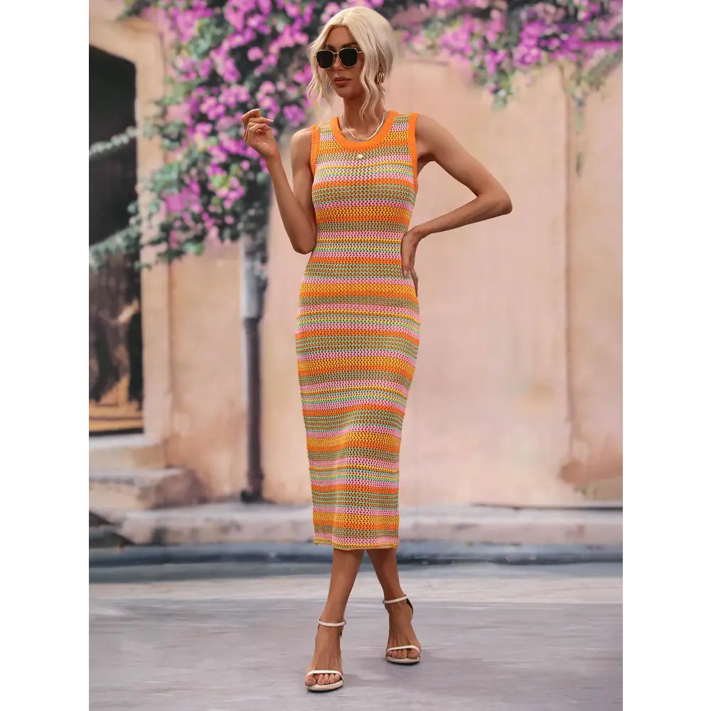 Chic Striped Round Neck Sleeveless Midi Dress for Beach Days