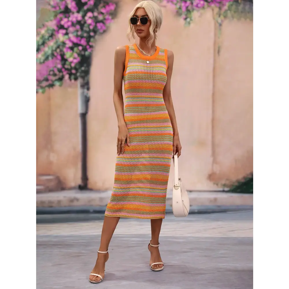 Chic Striped Round Neck Sleeveless Midi Dress for Beach Days