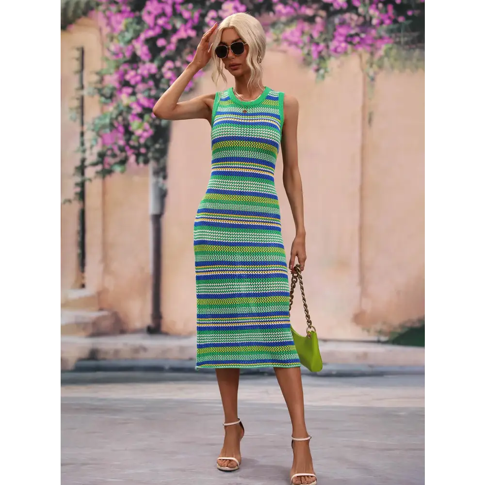 Chic Striped Round Neck Sleeveless Midi Dress for Beach Days