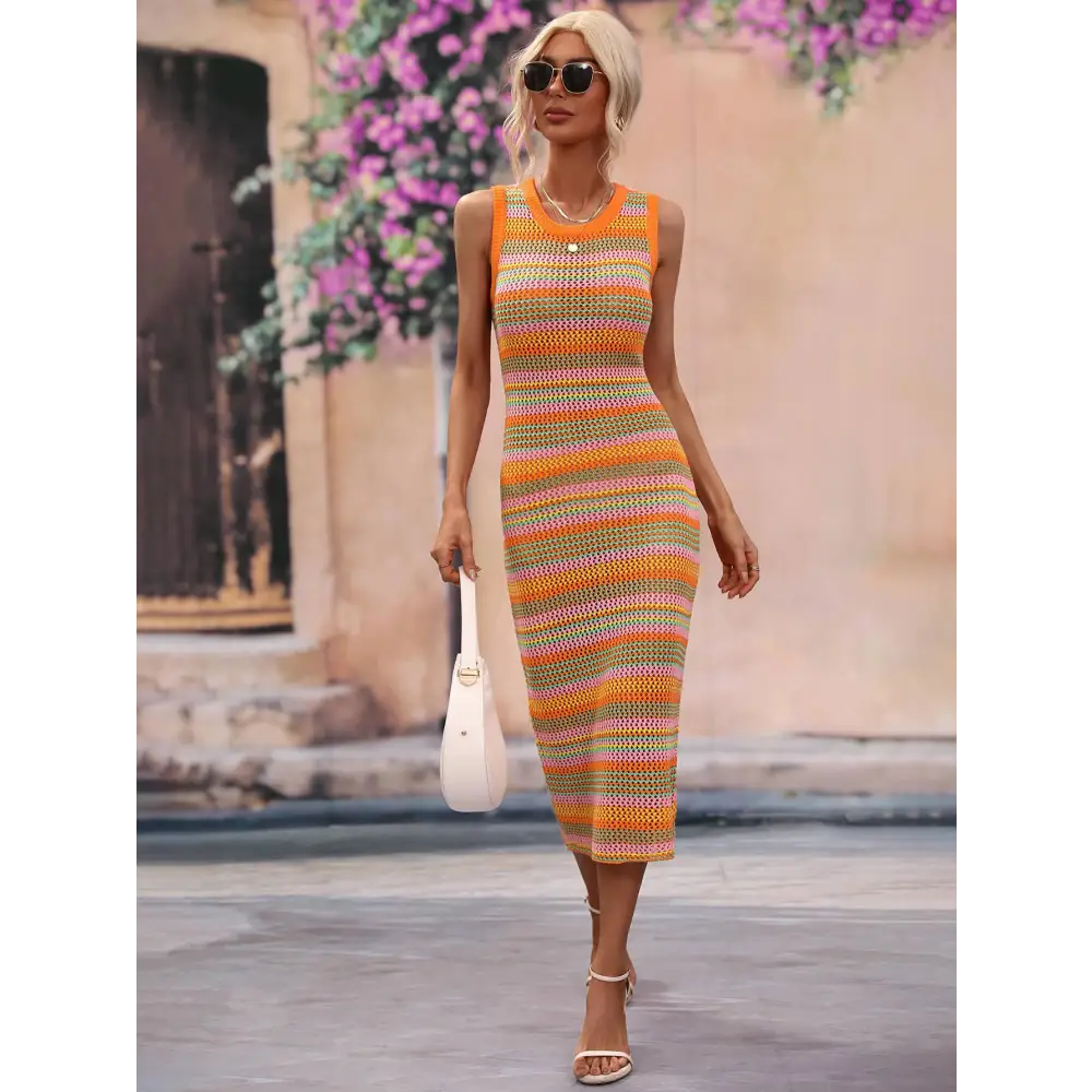 Chic Striped Round Neck Sleeveless Midi Dress for Beach Days