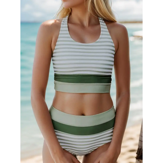 Striped Scoop Neck Wide Strap Swim Top and Bottom Set - CM Fashion