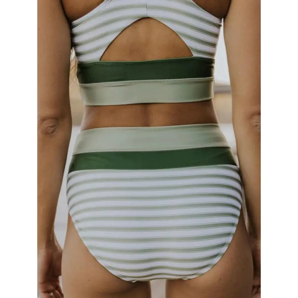 Striped Scoop Neck Wide Strap Swim Top and Bottom Set