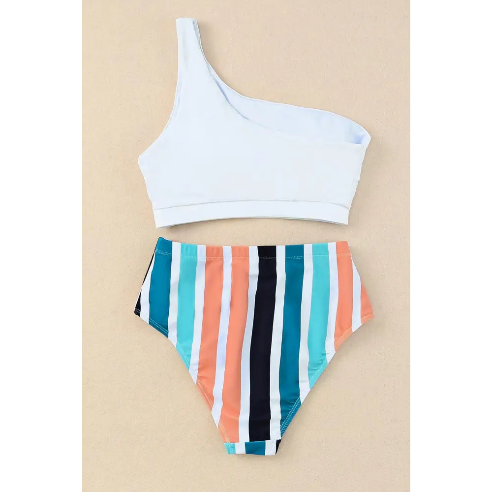 Striped One Shoulder Two-Piece Swim Set