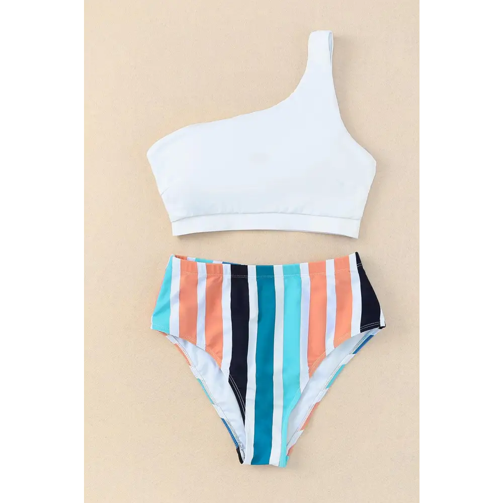 Striped One Shoulder Two-Piece Swim Set