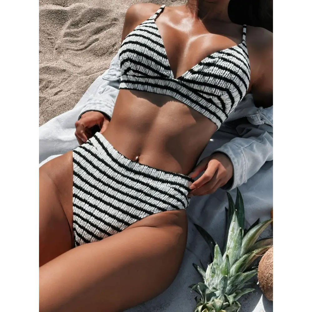 Striped V-Neck Two-Piece Swim Set