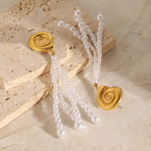 Stunning 18K Conch-Shaped Earrings with Pearl Strands and Tassels