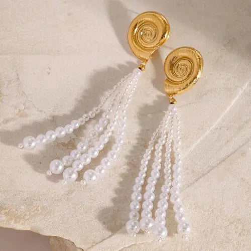 Stunning 18K Conch-Shaped Earrings with Pearl Strands and Tassels