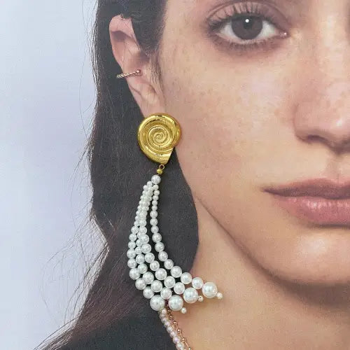 Stunning 18K Conch-Shaped Earrings with Pearl Strands and Tassels