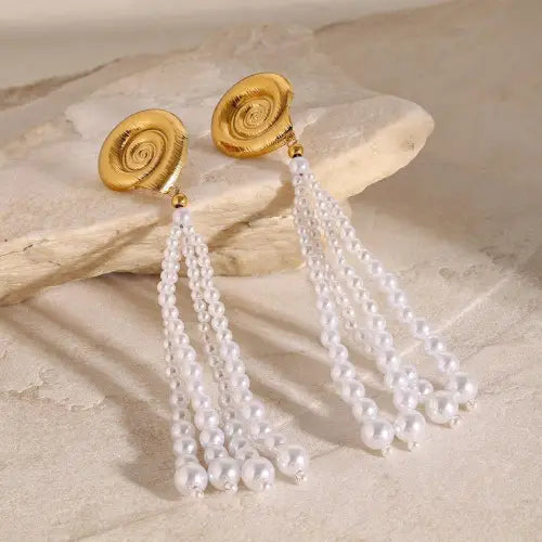 Stunning 18K Conch-Shaped Earrings with Pearl Strands and Tassels