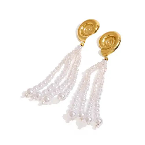 Stunning 18K Conch-Shaped Earrings with Pearl Strands and Tassels