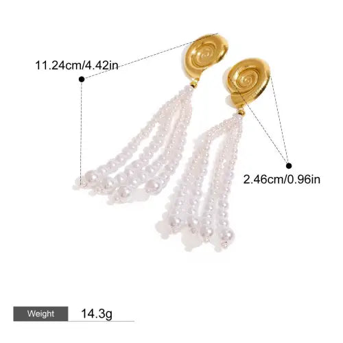 Stunning 18K Conch-Shaped Earrings with Pearl Strands and Tassels