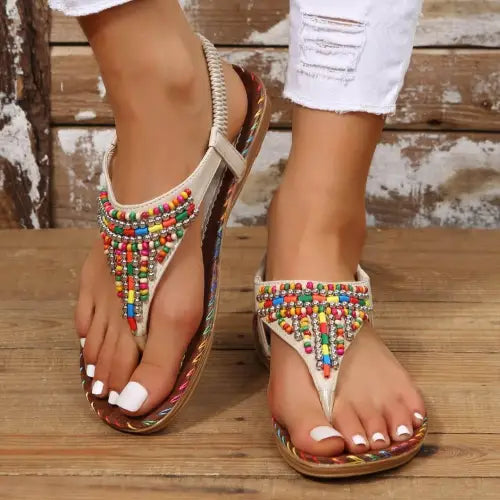 Beaded PU Leather Open Toe Sandals - Cream / 36(US5) - CynthiaMonica CM