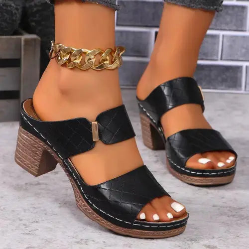 PU Leather Block Heel Sandals - CM Fashion