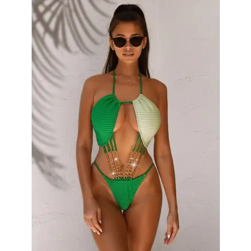 Contrast Halter Neck Chain Detail One-Piece Swimsuit - CM Fashion