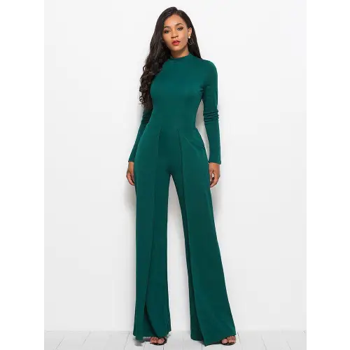 Long Sleeve Mock Neck Wide Leg Jumpsuit - CM Fashion