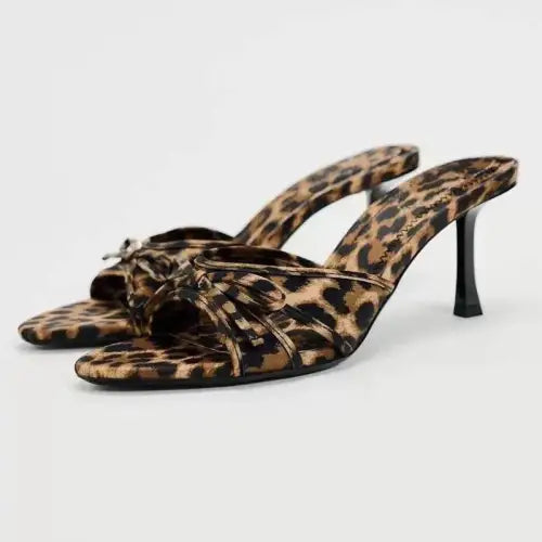 Bow Leopard Kitten Heel Sandals - Leopard / 35(US4) - CynthiaMonica CM