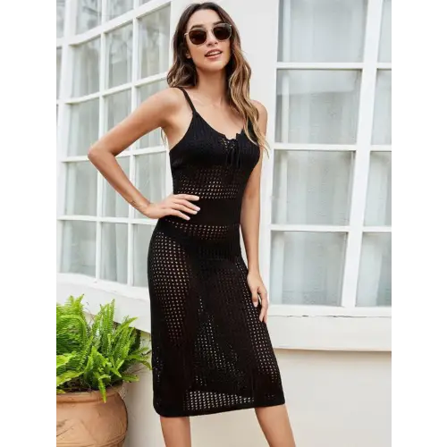 Stunning Openwork Lace-Up Sleeveless Cover Up Midi Dress