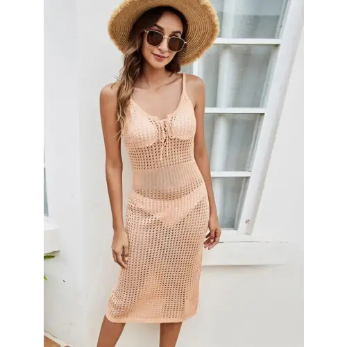 Stunning Openwork Lace-Up Sleeveless Cover Up Midi Dress