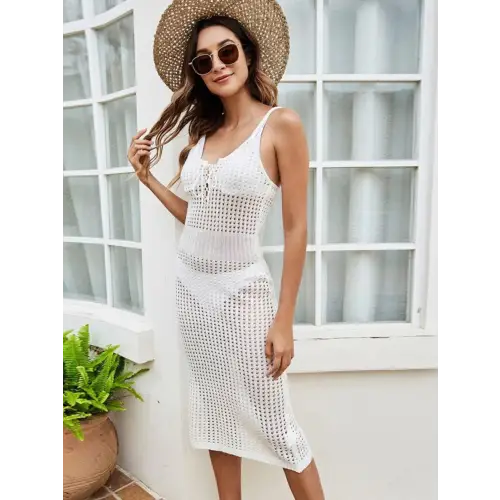 Stunning Openwork Lace-Up Sleeveless Cover Up Midi Dress