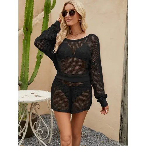 Openwork Round Neck Top and Shorts Swim Set - CM Fashion