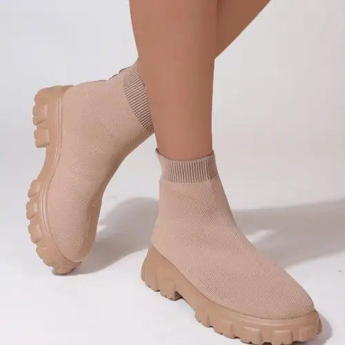 Stylish Beige Mesh Round Toe Platform Boots for Trendy Comfort